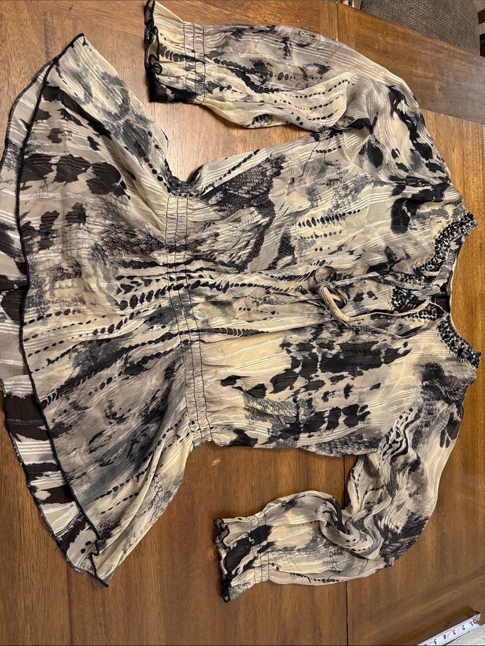 Sheer Black and Cream Tie-Detail Blouse